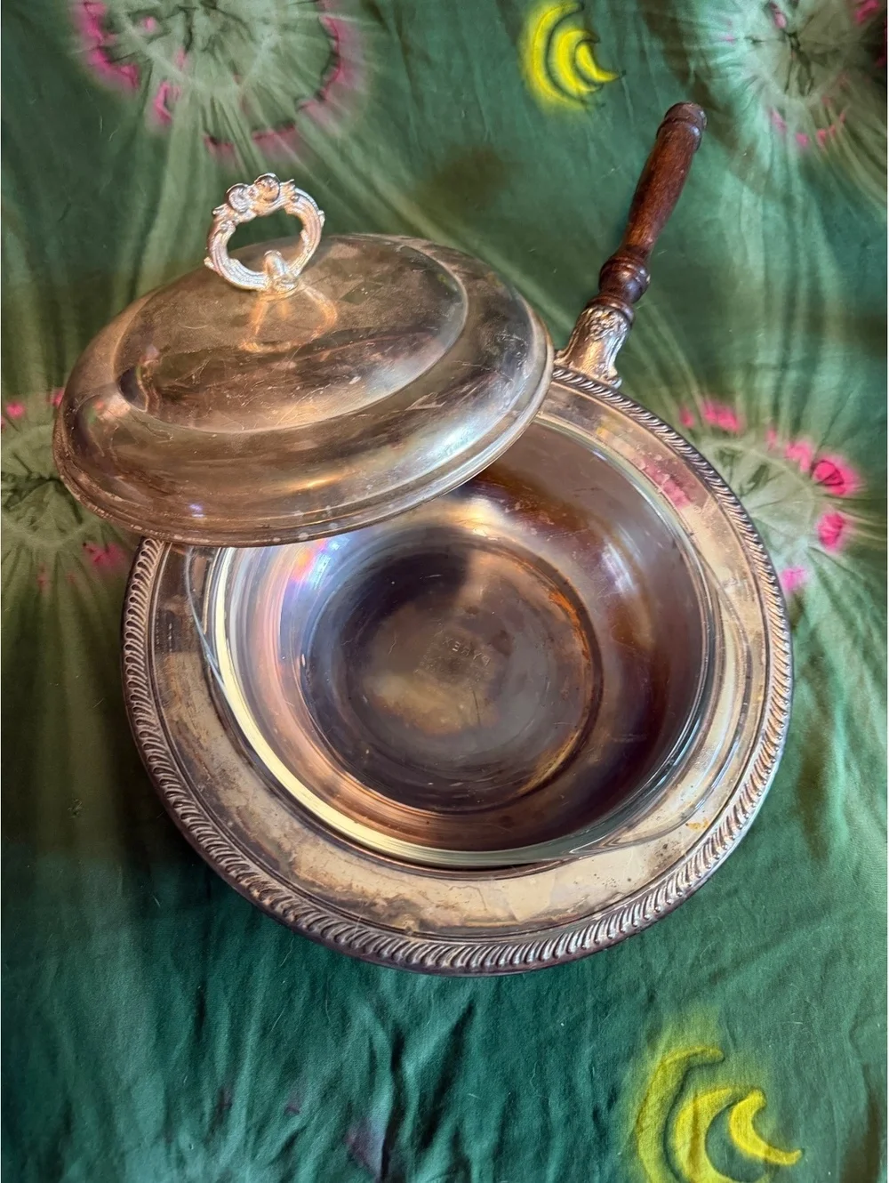 Vintage Silver Serving Pan with Wooden Handle and Lid